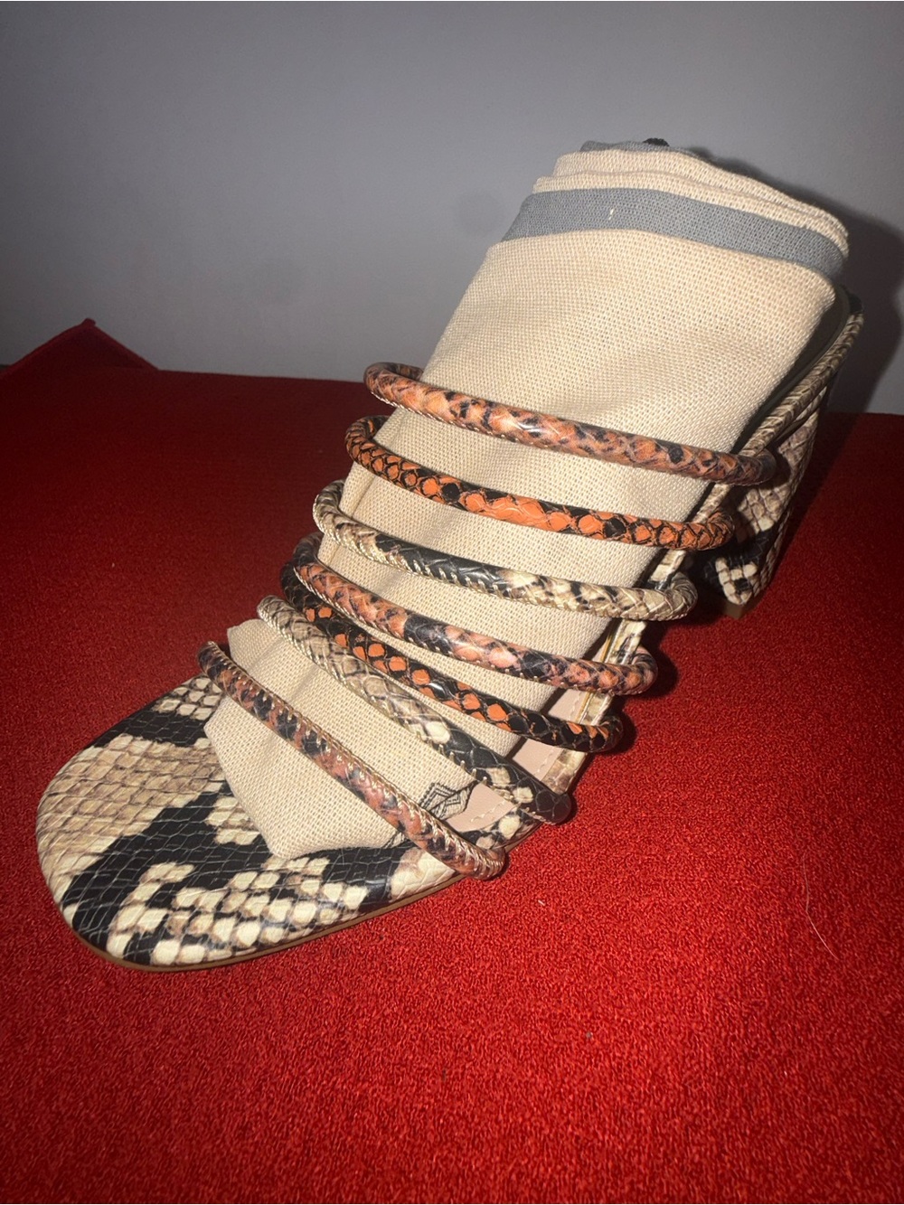 Aldo Strappy Snake-Print Block Heel Sandal — Beige, Black and Orange